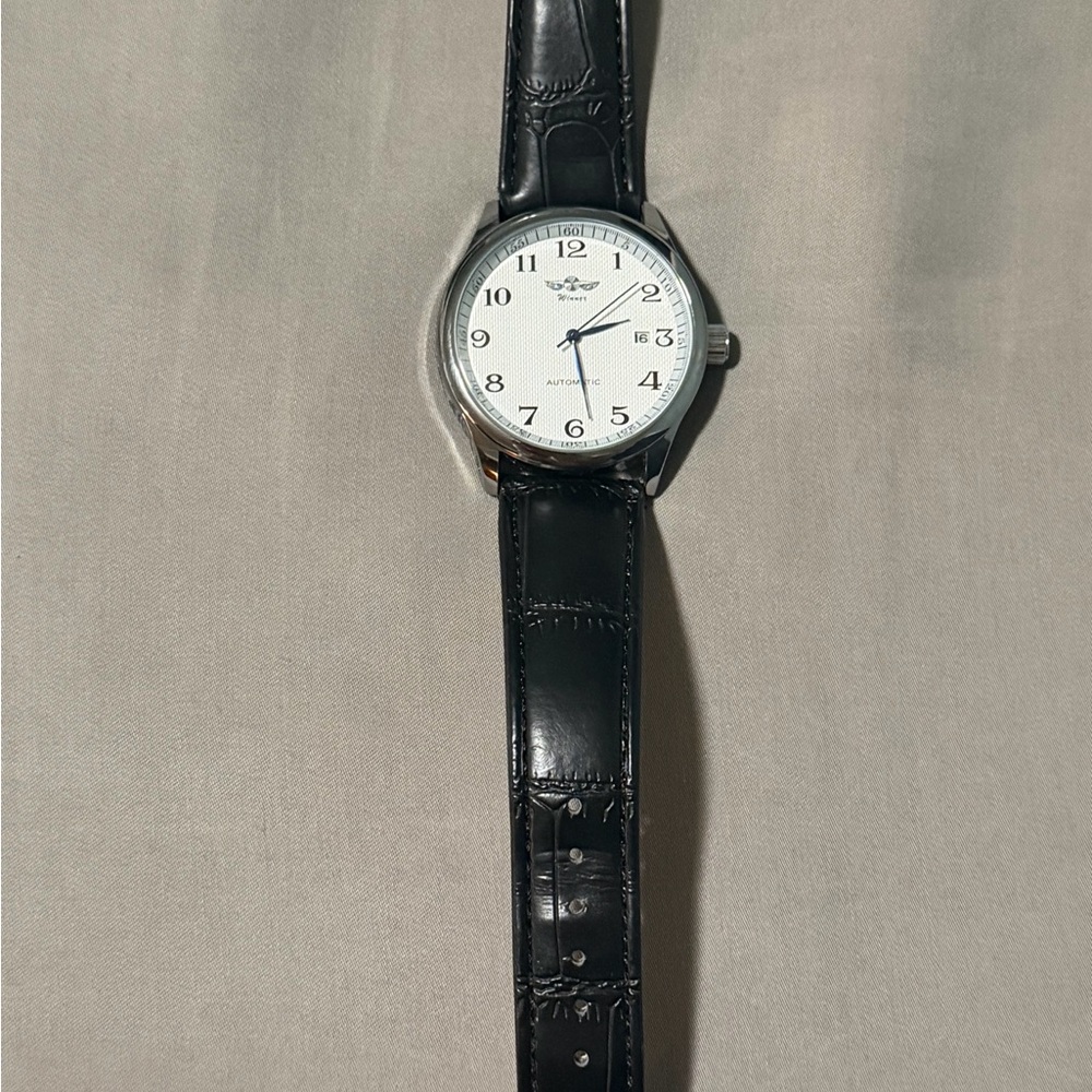 Black Leather Strap Watch with White Dial